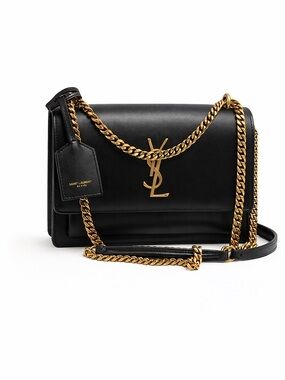 Saint Laurent Black Leather Chain-Detail Sunset medium Shoulder Bag